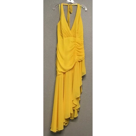 Mac Duggal NWT Asymmetrical Hem Halter Gown Long Dress Yellow Women's Size 12 - Picture 3 of 16